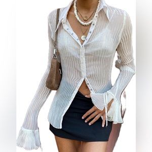 Women's Button Down Shirt Blouses Solid Flare Sleeve SIZE M NWOT